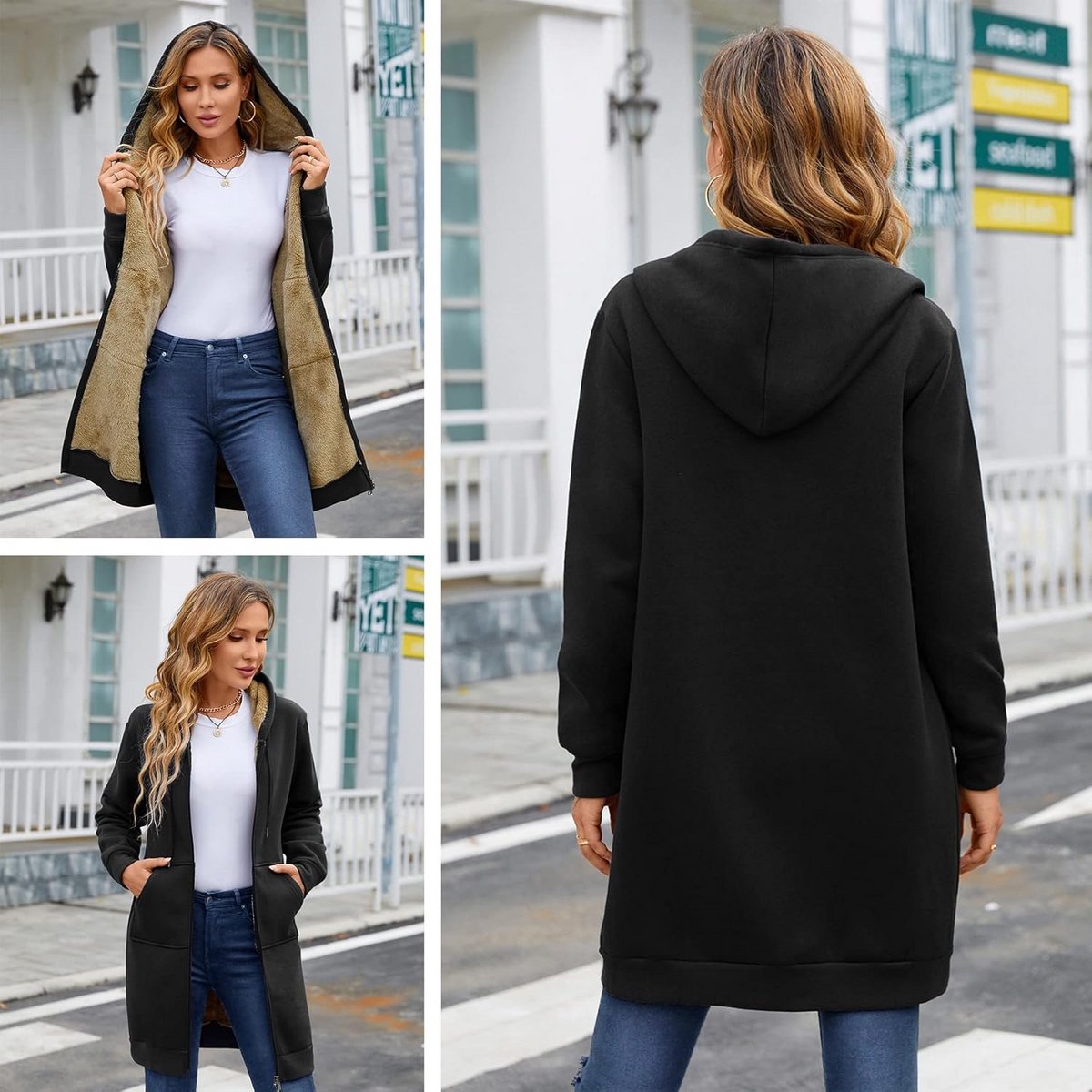 Dames fleece sweatshirt met capuchon en ritssluiting - lang, gevoerd, oversized, los, trekkoord, zijzakken