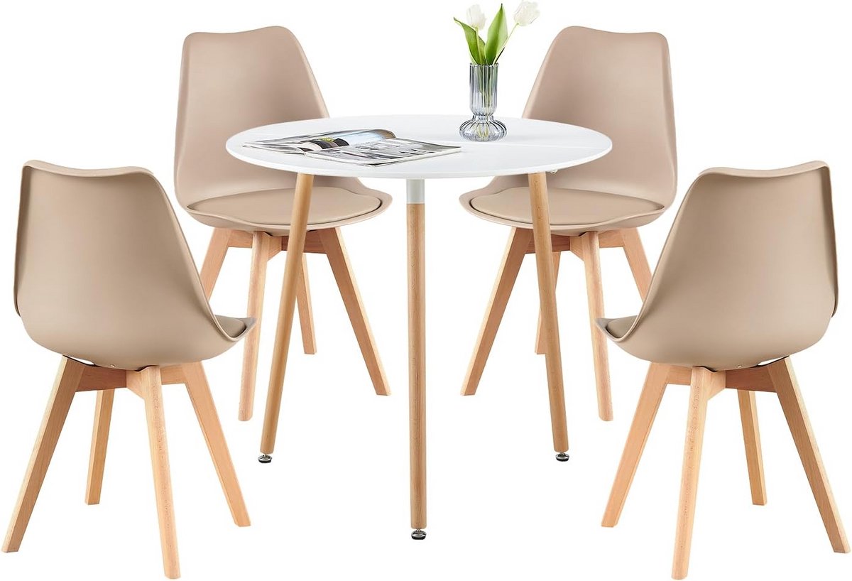 Ronde Eettafel met 4 Stoelen - 80 cm - Wit + Kaki - Eetkamerstel voor Woonkamer, Keuken, Kantoor