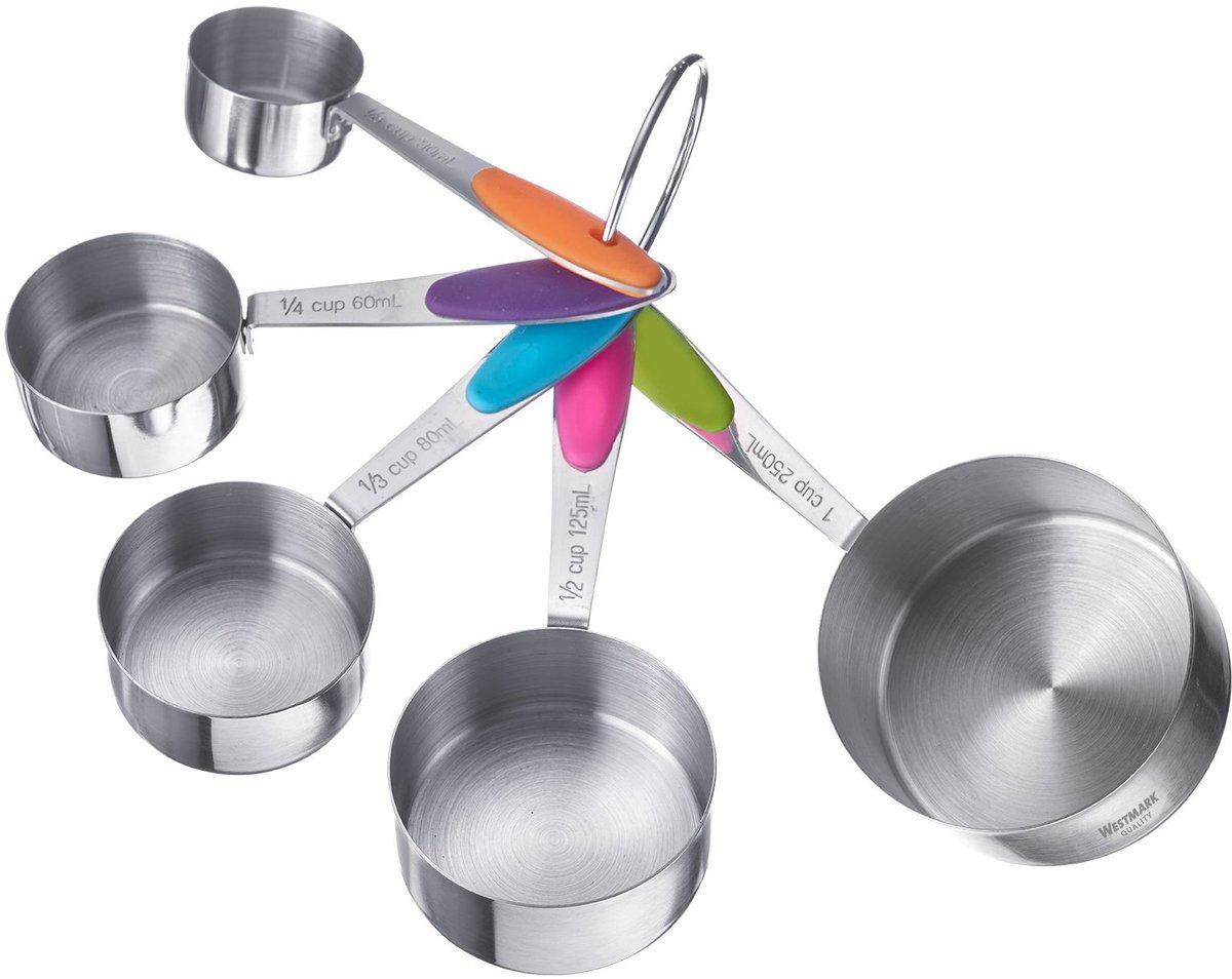 Westmark 5 meetlepels, set, aangesloten op ring, voor 30ml, 60ml, 80ml, 125ml, 250ml, roestvrij staal/siliconen, Pendo, zilver/groen/roze/blauw/paars/oranje, 30612270