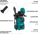 Turquoise hogedrukreiniger met 10m slang, geïntegreerde haspel, slanggeleider, instelbare druk en tuinslangaansluiting.