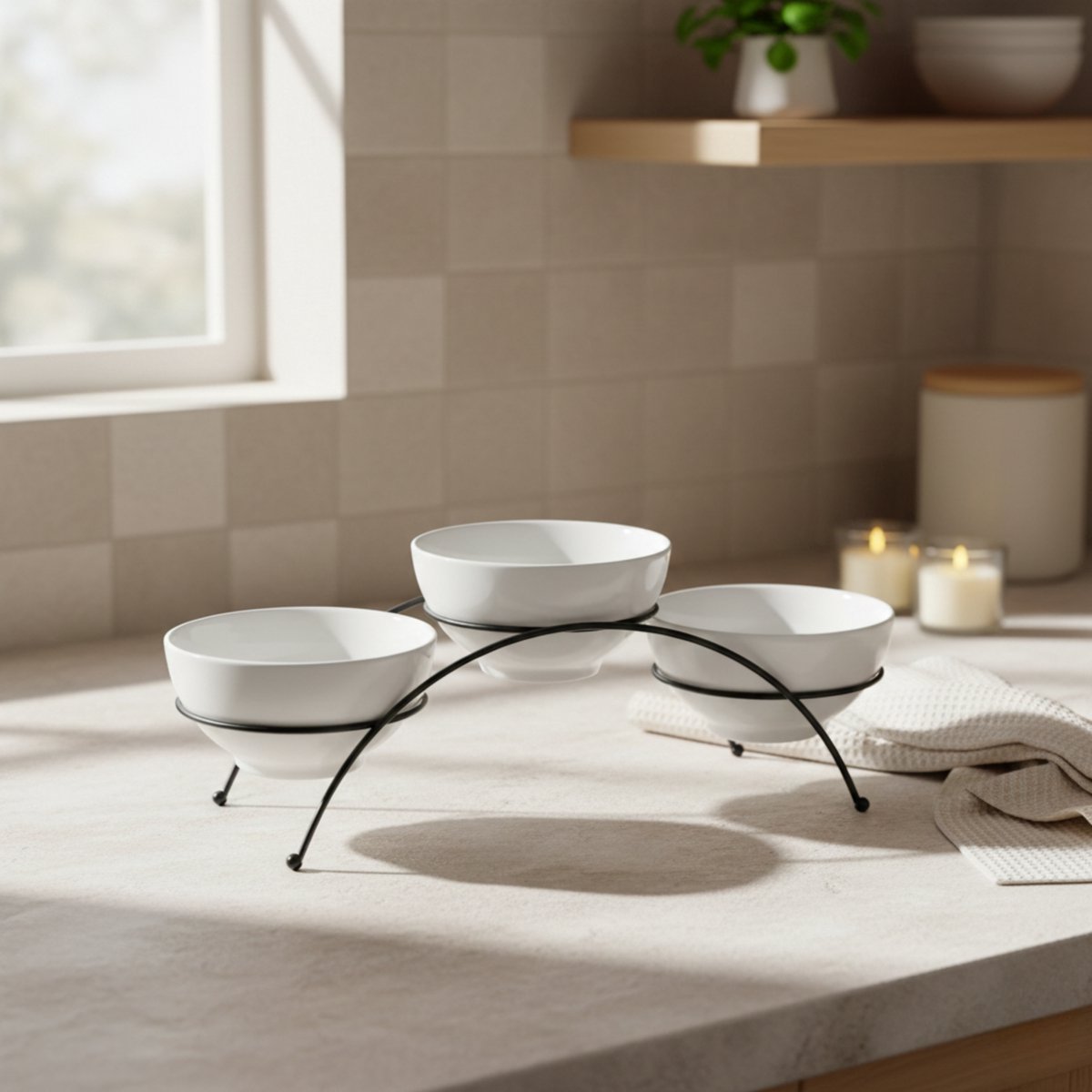 Serveerschaal 3-delig met Metalen Standaard – Luxe Snackschalen Set – Hapjesschaal voor Borrel, Tapas & Dips – Moderne Witte Schalen op Zwart Frame – Serveerset voor Tafel, Keuken & Feestjes — cadeau in Kookcadeaus - foto 2