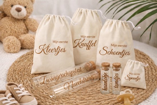 Bewaarzakken set 8 delig - bewaarzakken - bewaarbuisjes - Mijn eerste schoentjes - mijn eerste kleertjes - mijn eerste knuffel - mijn eerste speentje - zwangerschaptest - navelstreng - haarlokje - tandjes van Kidooz. — afbeelding 2