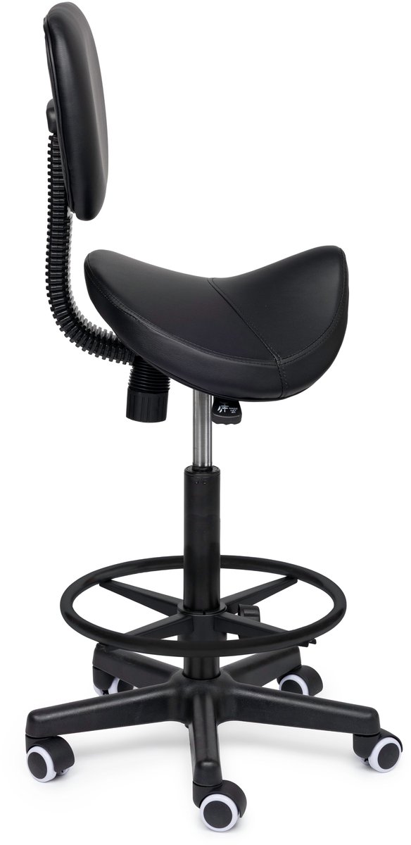 Premium Zadelkruk met Rugleuning / Kapperskruk Zwart – Ergonomische Zadelstoel met 4 cm Koudschuim Zitting, In Hoogte Verstelbaar - Hoog (70-85cm) / Zonder voetsteun / Standaard wielen