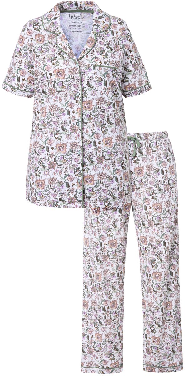 Ulla Popken - Dames - Pyjama bloemen reverskraag korte mouwen zakken - Sneeuwwit - Maat 42+