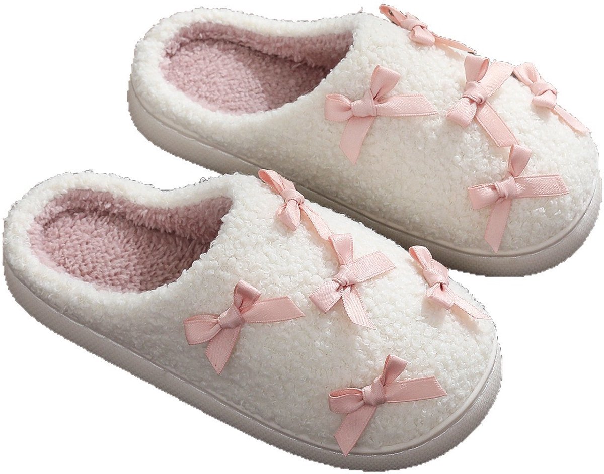 Pantoffels - Pluche pantoffels - Winterpantoffels - Effen kleur met strik - Antislip - Dikke zool - Gesloten teen - Comfortabel - Warm en casual, geschikt voor comfortabel en warm thuisgebruik (Wit, Maten: 40-41)