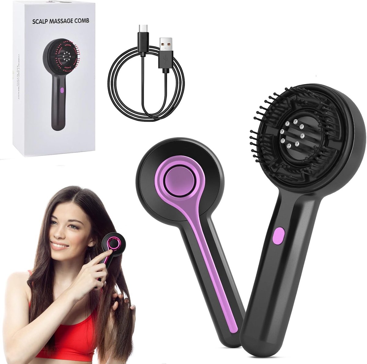 3-in-1 Elektrische Hoofdhuid Massageborstel met Olie-Applicator & Rood Licht – Draadloze Massagekam met 3 Modi – Stimuleert Haargroei & Ontspanning (Zwart)