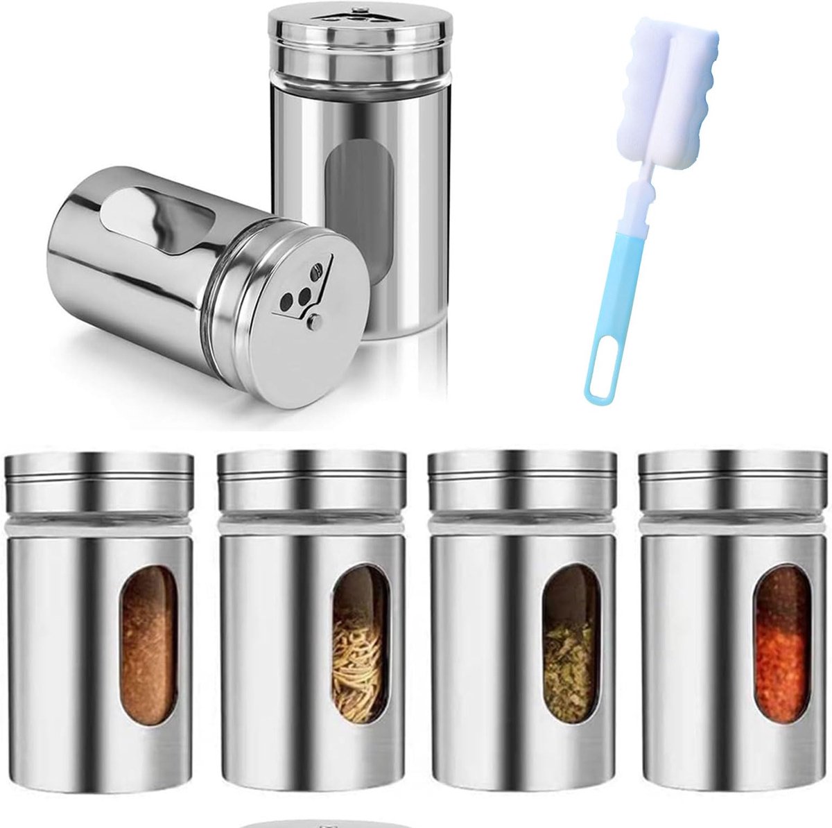 IMPERATORIS® Mini Zoutvaatjes Set – Elegant en Praktisch – Zoutvaatjes van Glas en Roestvrij Staal – Geschikt voor Keuken en Tafel – Set van 6 Zilver - Inclusief 1 sponsborstel