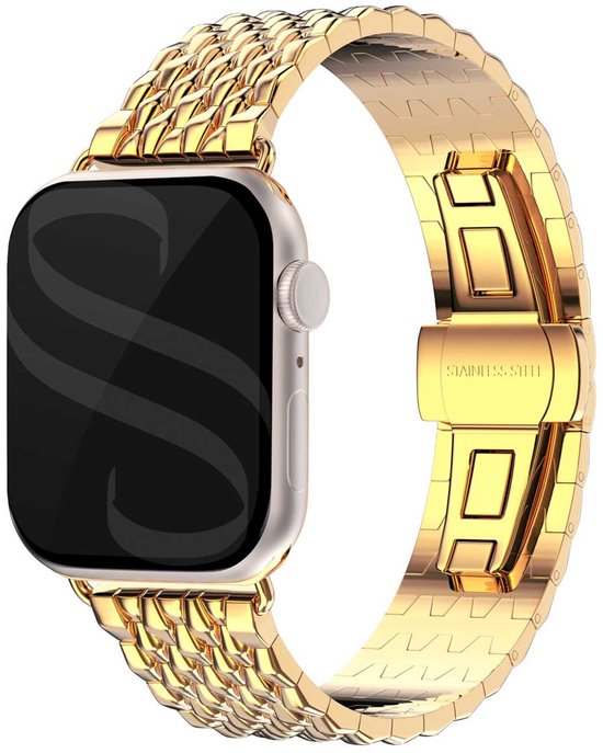 Gouden stalen horlogebandje met een dubbele schakelstructuur, passend op een Apple Watch. De sluiting is van roestvrij staal.