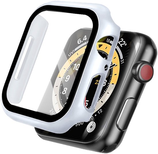 Witte smartwatch case, gedeeltelijk over een smartwatch geschoven. De smartwatch heeft een geel en zwart wijzerplaat.