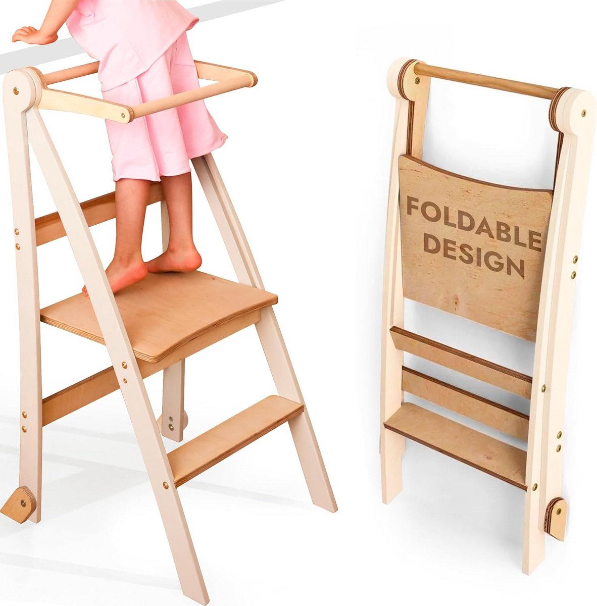 Ruimtebesparende Houten Leer Toren voor Kinderen - Opvouwbare Stap Stoel met Anti-Overslag