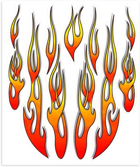 Collection d'autocollants flammes de différentes tailles, aux couleurs orange, jaune et rouge.