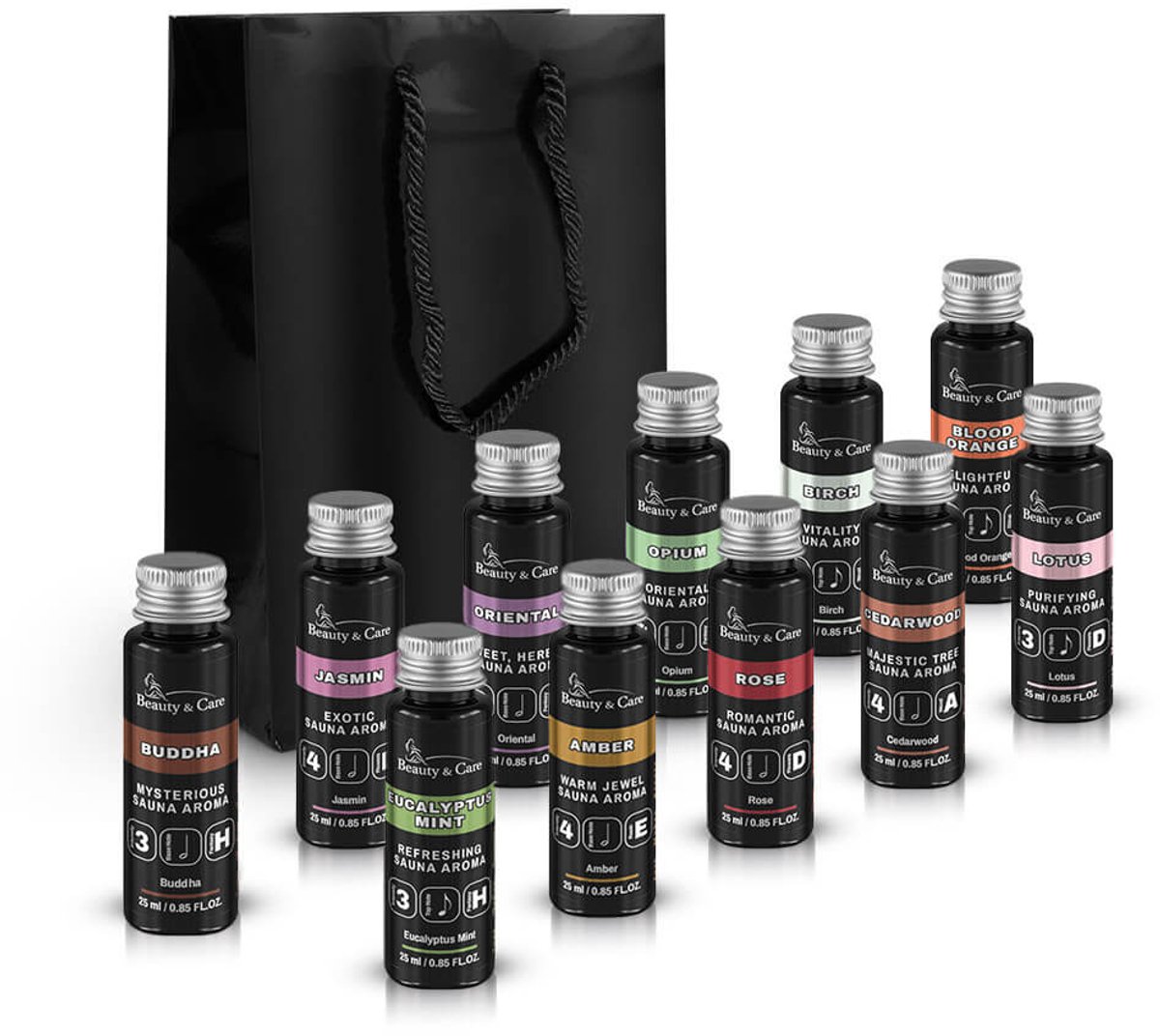 Beauty&Care® Sauna Wellness Giftset - Saunageur - Voor Sauna - 11 x 25 ml saunageuren - zwarte flesjes met aluminium dop - in cadeautas - Luxueus genieten en ontspannen - geven een heerlijke geur tijdens de saunagang