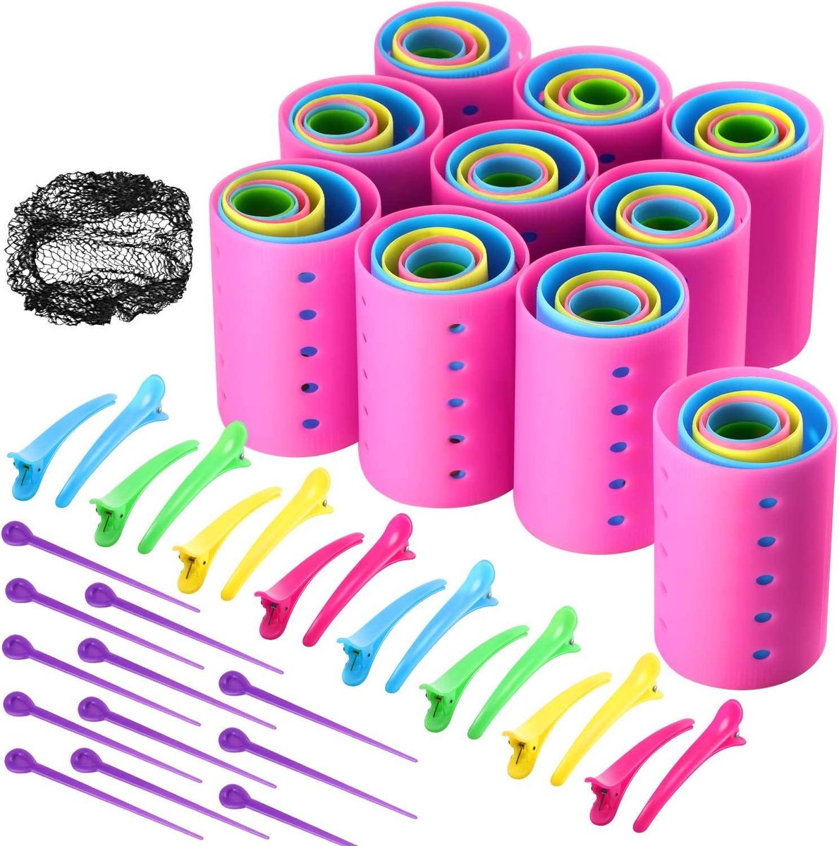 Allecta - Set van 141 haarrollers inclusief haarrollen, haarclips en kappersgereedschap in willekeurige kleur (6 maten)