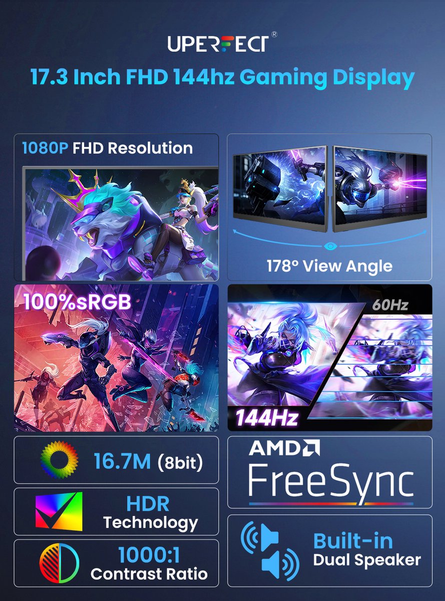 UPERFECT 17.3" Gaming Monitor 2K QHD 2560x1440 144Hz IPS 5ms 100% sRGB VESA USB-C HDMI voor PS5 PC MacBook - Afbeelding 3