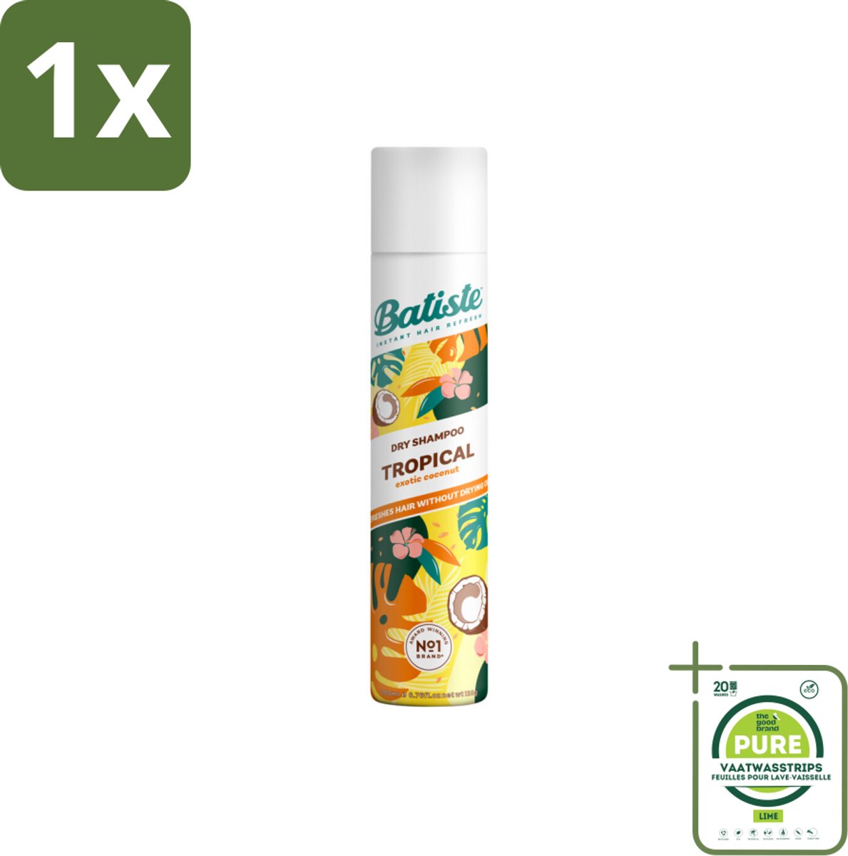 1 x Batiste - Tropical - Droogshampoo - Tropische Geur - Verfrist en Stylet - 200ml - Droogshampoo - Tropical Geur - Kokos - Exotische Geur - Fris Haar
