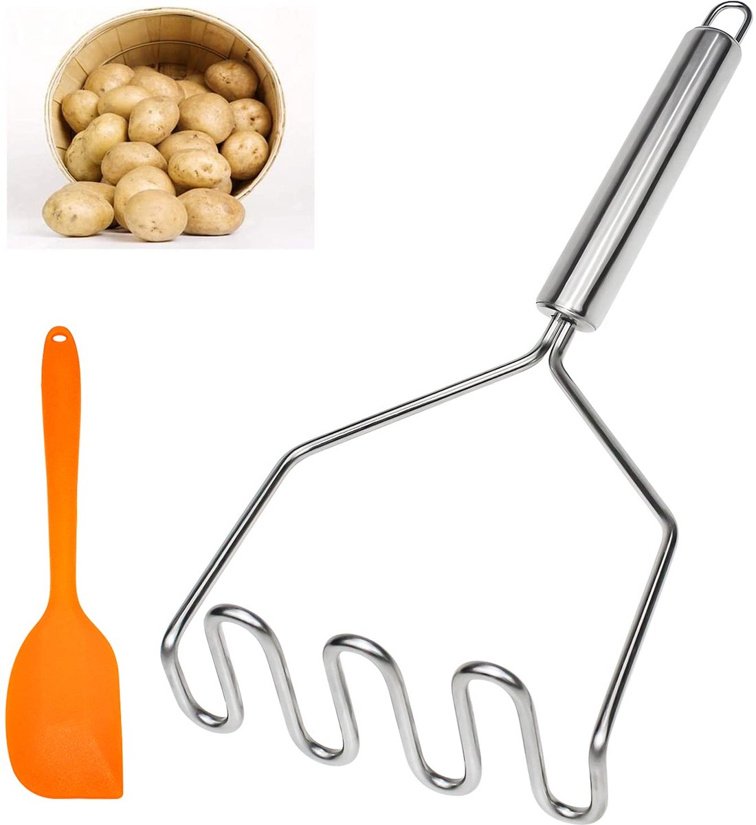Unyqoos® Roestvrijstalen keukenstamper met ergonomische handgreep en siliconen spatel