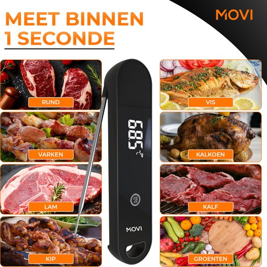 Zwarte Movi thermometer met 6 afbeeldingen van vlees, vis en groenten.