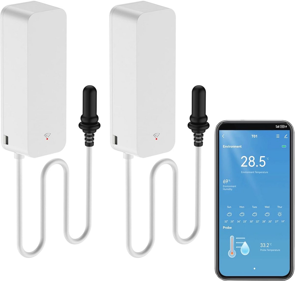 Slimme thermometer en hygrometer met wifi en externe sonde – ideaal voor vriezer en aquarium – app-alarm en afstandsbediening