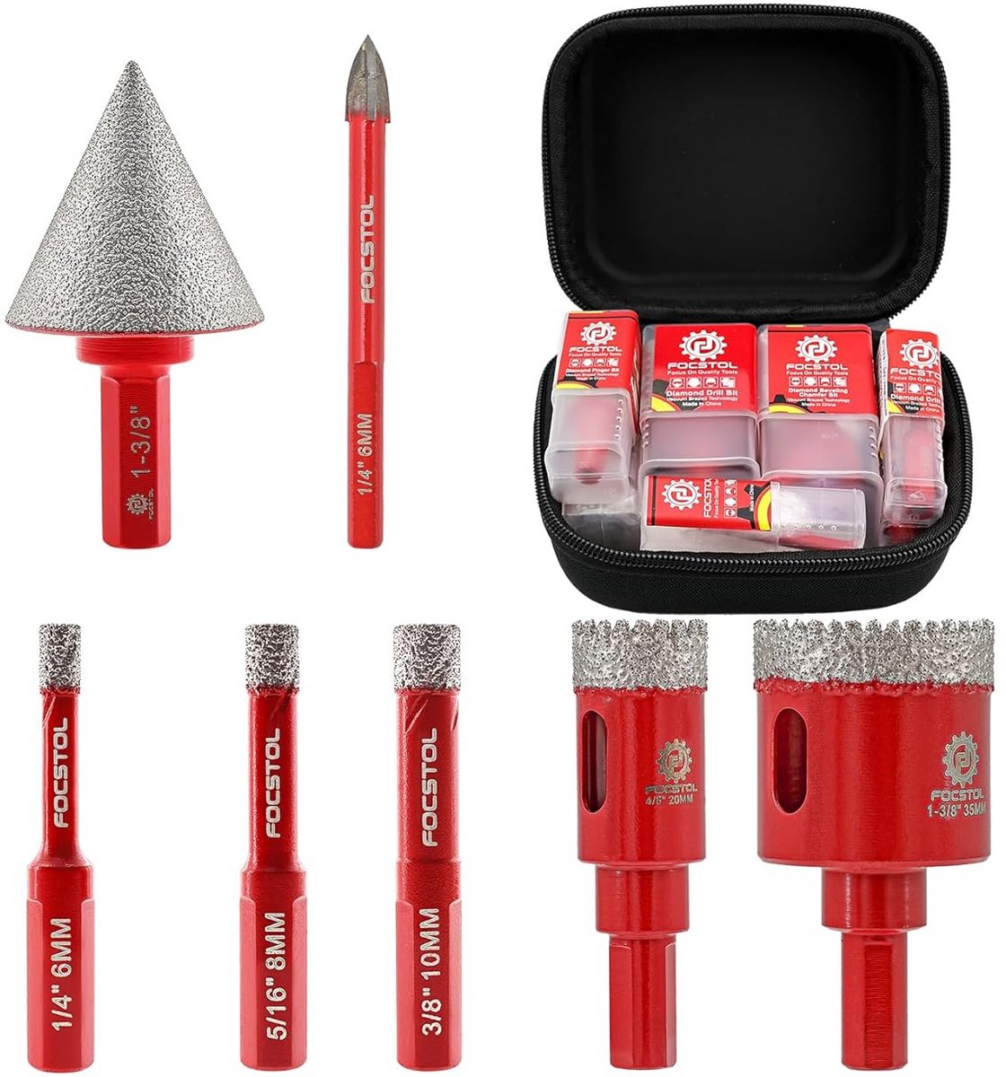 Diamantboorbits set van 7 stuks voor keramiek en tegels, inclusief afschuinboor en hardmetalen boor