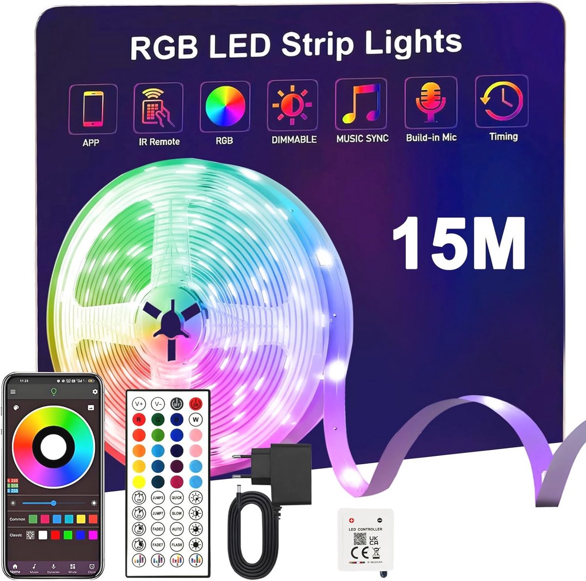 15 m RGB Ledstrip met Bluetooth-app en Afstandsbediening voor Decoratie