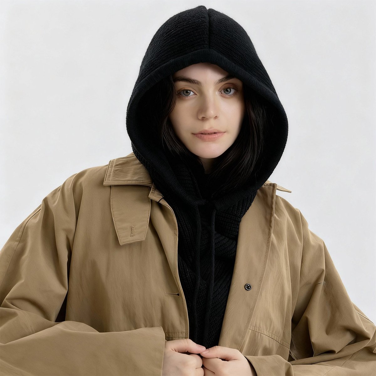 MAGICSHE 2-In-1 Bivakmuts Met Capuchon Sjaal Dames, Winddichte Gebreide Muts Met Sjaal, Slouchy Nekwarmer Balaclava Muts Zwart