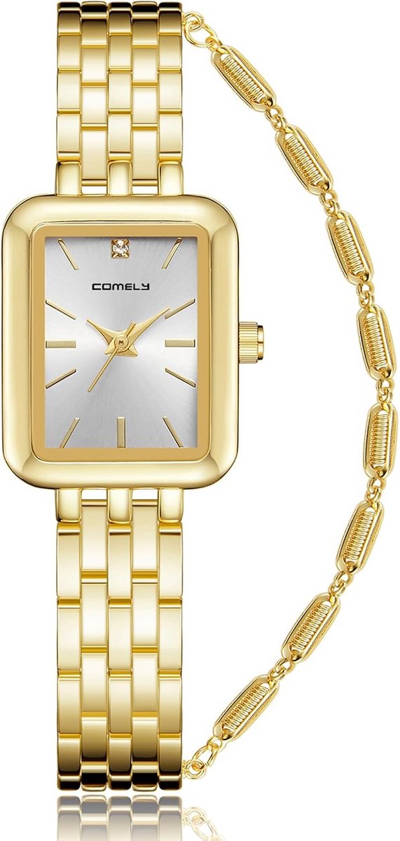 Elegant Rechthoekig Dameshorloge Goud Zilver RVS Analoog