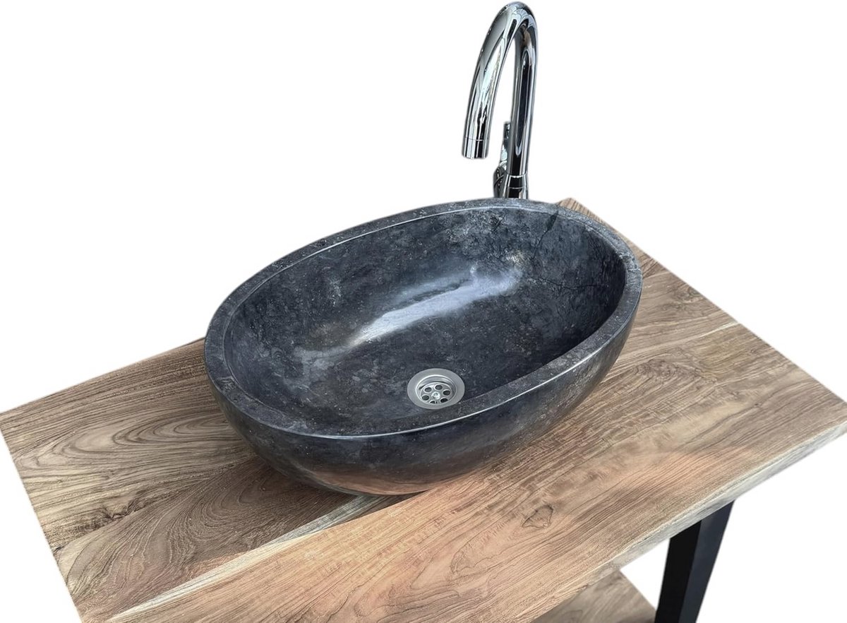 Ovale Marmer Wasbak 45cm - Gepolijste Natuursteen Opzetwastafel - Uniek Design voor Badkamer en Gastentoilet