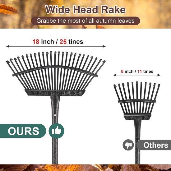 Metalen Tuinhark 6FT met Verstelbare Handgreep - Hark voor Bladeren en Gazons met 25 Metalen Tanden - Zware Tuinbladhark voor Effectief Tuinieren — afbeelding 5
