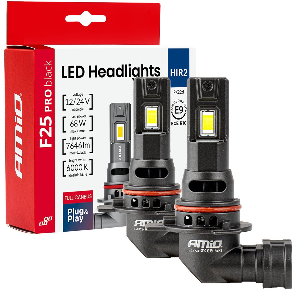 AMiO F25 PRO BLACK FULL CANBUS HIR2 – 68W 6000K Wit 12V/24V - Hoge Helderheid