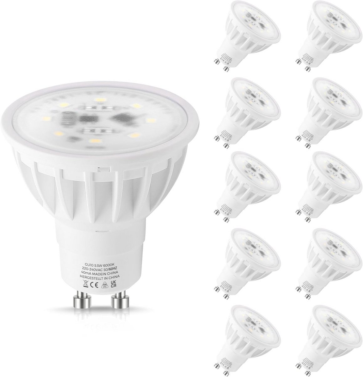 GU10 LED-Lampen 6000K Koel Wit - 10 Stuks Energiebesparende 5,5W Spots