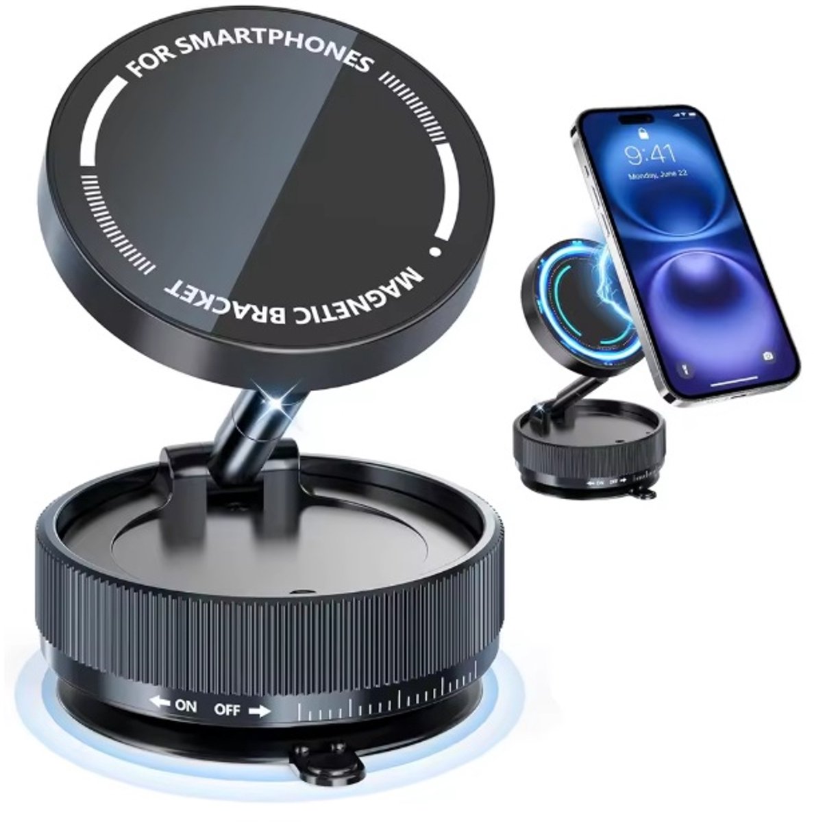 Aluminium Magnetische Auto Telefoonhouder met Vacuüm Zuignap – 360° Draaibaar – Opvouwbaar Design – Sterke Magnetische Absorptie – Voor Dashboard & Voorruit