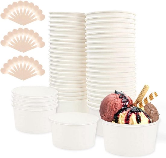 LATERN 50 stuks papieren ijskommen met 50 stuks lepels, 360 ml, wegwerpbare papieren serveerschalen voor warme en koude gerechten, soep ijscoupes, bevroren yoghurt, dessert (wit