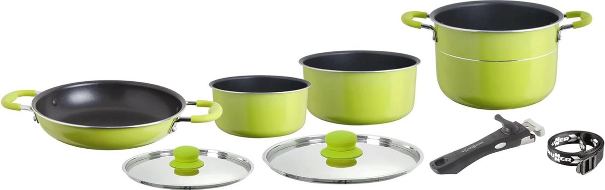 Pannenset 7+1 groen zwart - Complete kookset voor thuis en onderweg