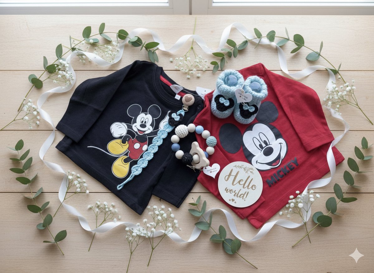 Maminobaby.nl Baby geschenkset meisjes | Mickey mouse | Handmade speenkoord | Handmade bijtring | Gehaakte Babyslofjes | Kraamcadeu