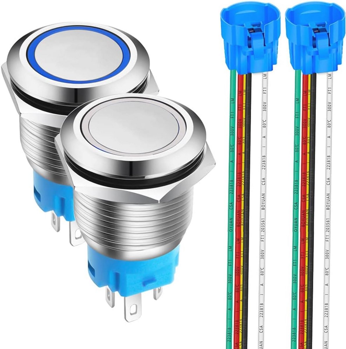 Roestvrij Stalen Drukknop 0.75 inch/19mm met Waterdicht Design - AAN-UIT Schakelaar met Blauwe & Witte LED Verlichting