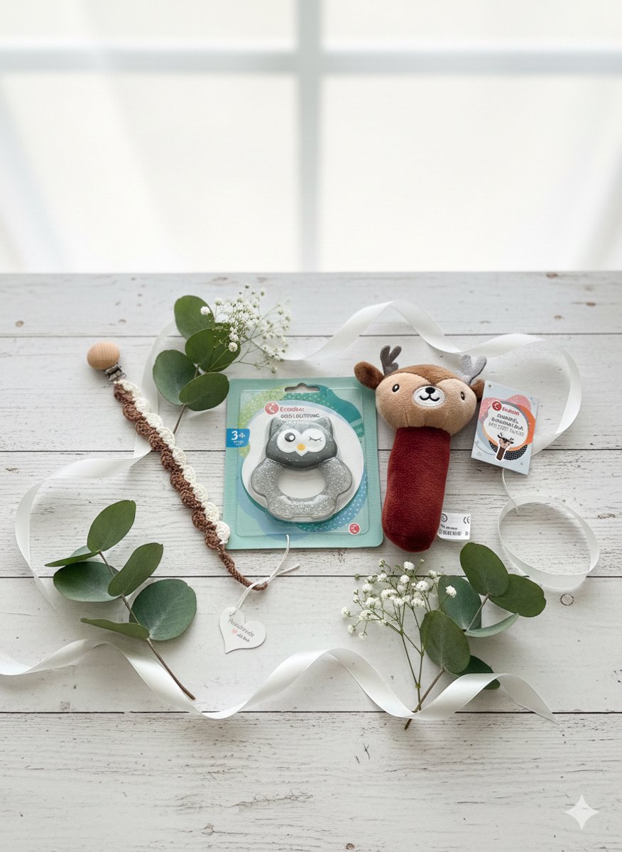 Maminobaby.nl - Baby Geschenkset | Hert | Knuffelrammelaar | Bijtring | Handgemaakte Speenkoord | Kraamcadeau | Babyshower