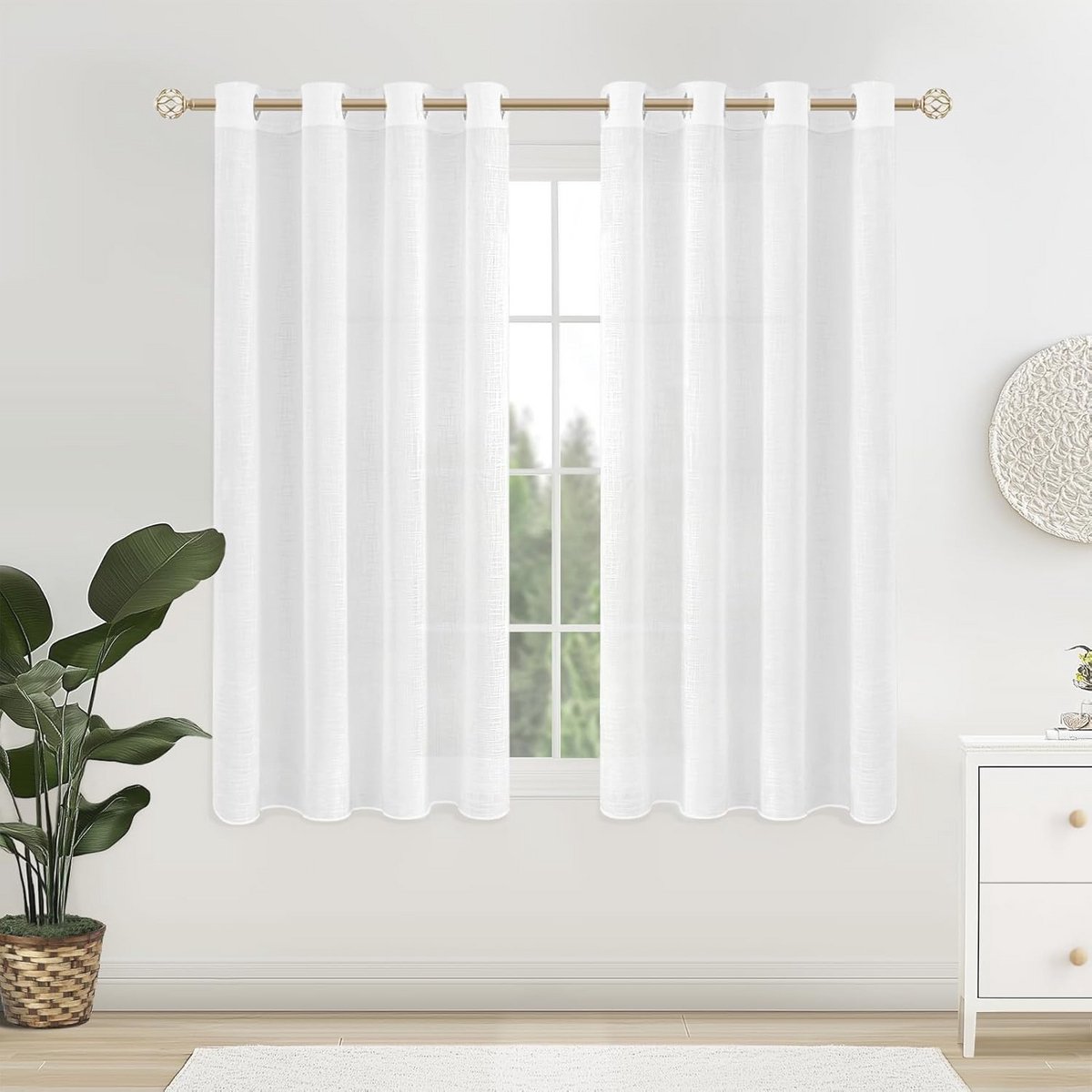 Transparante voile gordijnen set van 2 stuks - moderne linnenlook gordijnen voor woonkamer, slaapkamer en kinderkamer, 145 x 140 cm