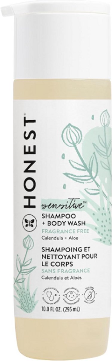 The Honest Company 2-in-1 Reinigende Shampoo en Bodywash voor Gevoelige Huid, Zachte Traanvrije Hypoallergene Babyverzorging met Natuurlijk Afgeleide Ingrediënten, Parfumvrij 295ml