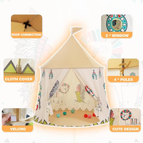 Tent voor peuters - Draagbare pop-up tent - Indiase kegelvormige tent - Tent in prinsessen-/prinsenkasteelstijl - Speelhuisje voor binnen en buiten - Verjaardagscadeau voor jongens en meisjes - 116*116*130 cm -Stijl 1 van Hi Suyin. — afbeelding 3