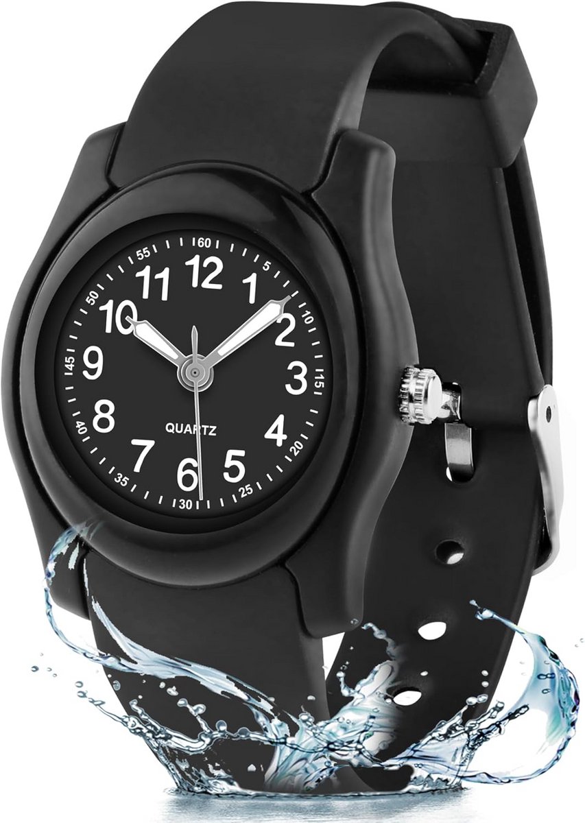 Kindhorloge Analoog Zwart Siliconen Band Leren Tijd Waterdicht