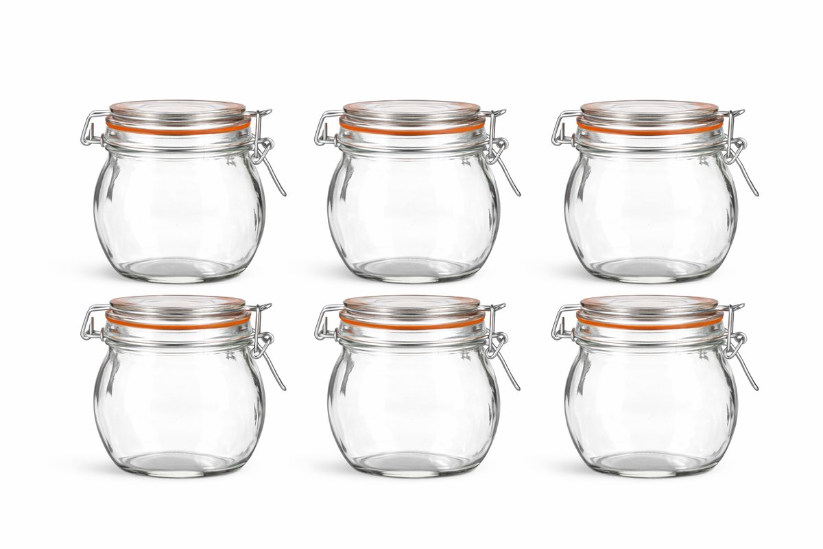 Set van 6 Bolvormige Glazen Weckpotten 750 ml – Met Beugelsluiting & Rubberen Ring – Grote Weckpotjes Luchtdicht & Herbruikbaar – Voor Koekjes, Pasta, Snoep, Keukendecoratie & DIY Cadeaus – Stevig Glas & Vaatwasserbestendig
