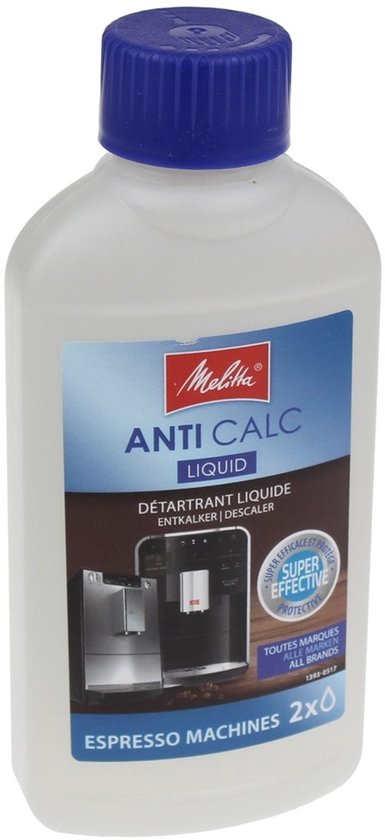 Witte fles met een blauwe dop. Het etiket toont een espressomachine en de tekst 'ANTI CALC LIQUID'. Inhoud: 250ml.