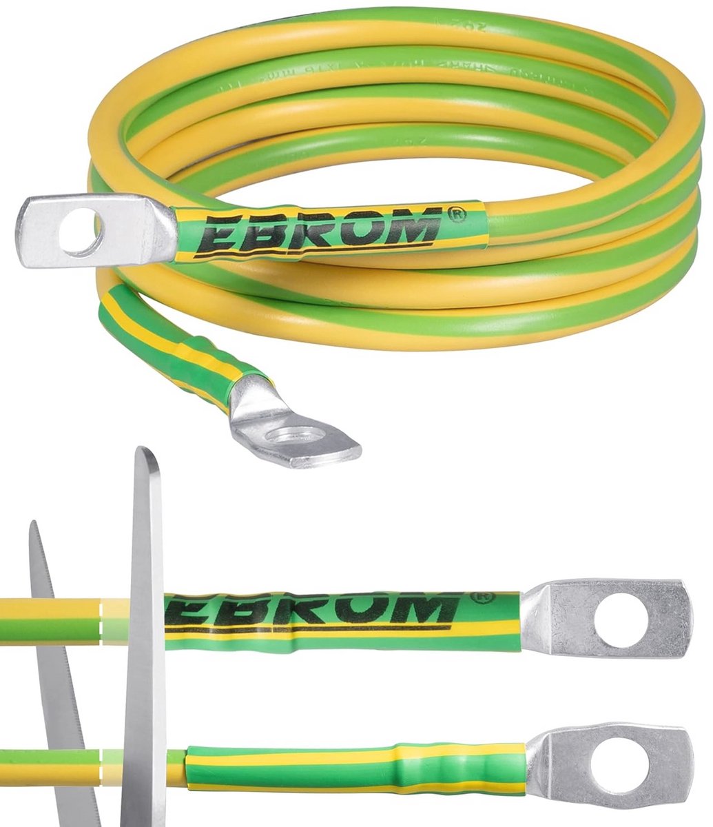 Aardingskabel 3 m H07V-K 16 mm² groen/geel - Flexibele kabel met M8 en M10 kabelschoenen