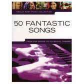 Boekcover met de titel '50 Fantastic Songs' en foto's van artiesten en een pianotoetsenbord.