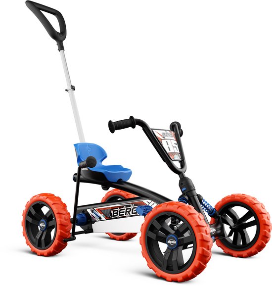 BERG Buzzy Nitro 2-in-1 skelter in blauw, oranje en zwart, met duwstang.