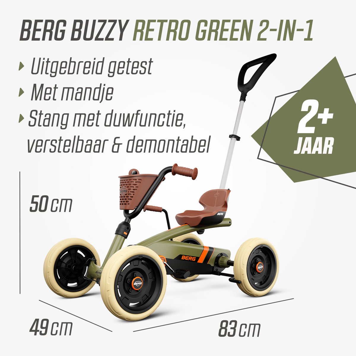 BERG Buzzy 2-in-1 Retro Skelter - 2+ jaar - Verstelbare Stoel - Veilige en Stabiele Wegligging - Groen - incl. duwstang — afbeelding 5