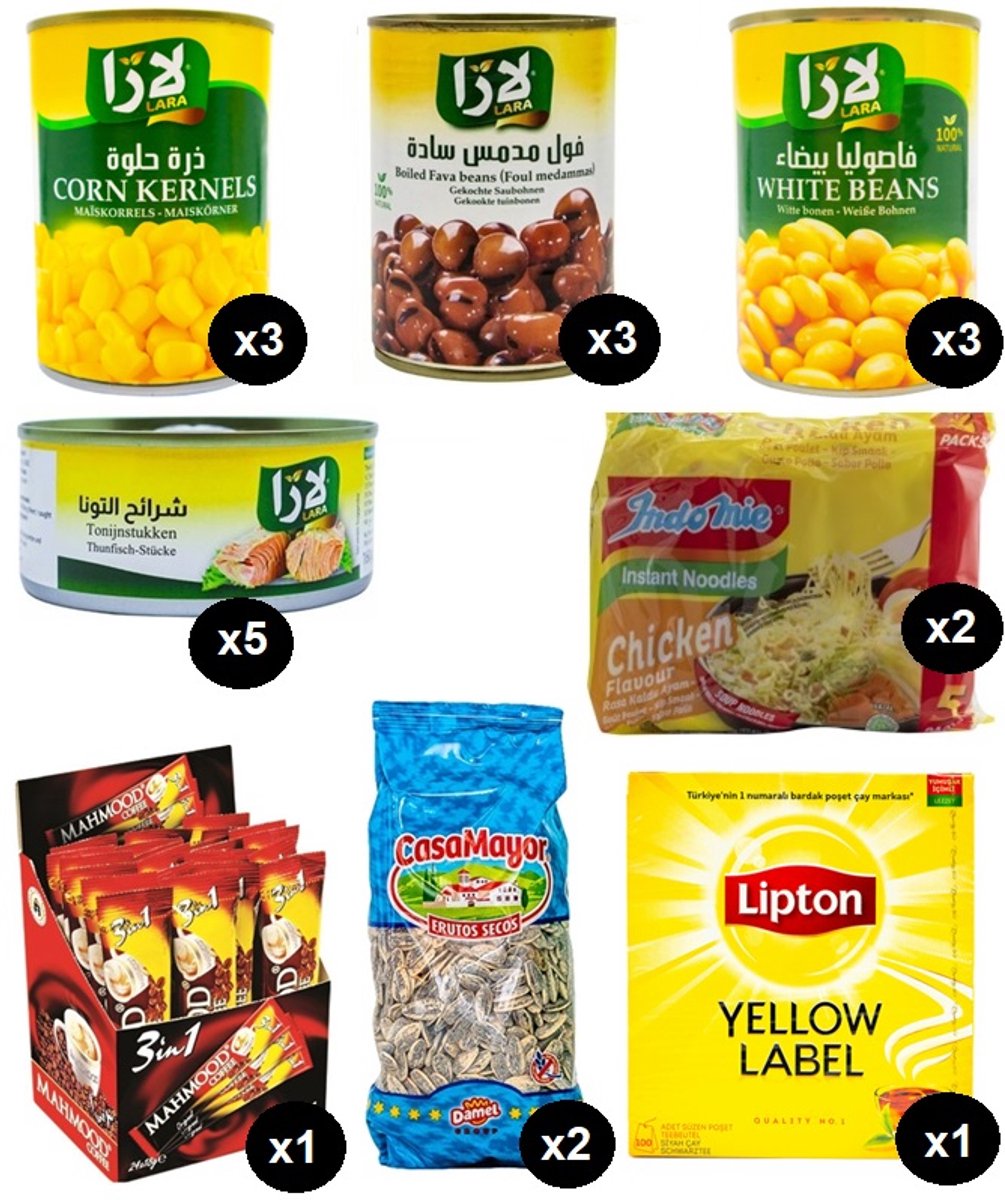 Voedings Mixpakket - Conserven Noodpakket - Voldoende voor 72u - 2 Persoons (maïs, tonijn, bonen, noodles, koffie, thee)