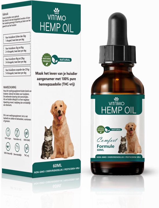 VITAMO Hennepolie – Voor Hond & Kat – Rijk aan Omega 3 & 6 – 100% Natuurlijk en Koudgeperst – 60 ml