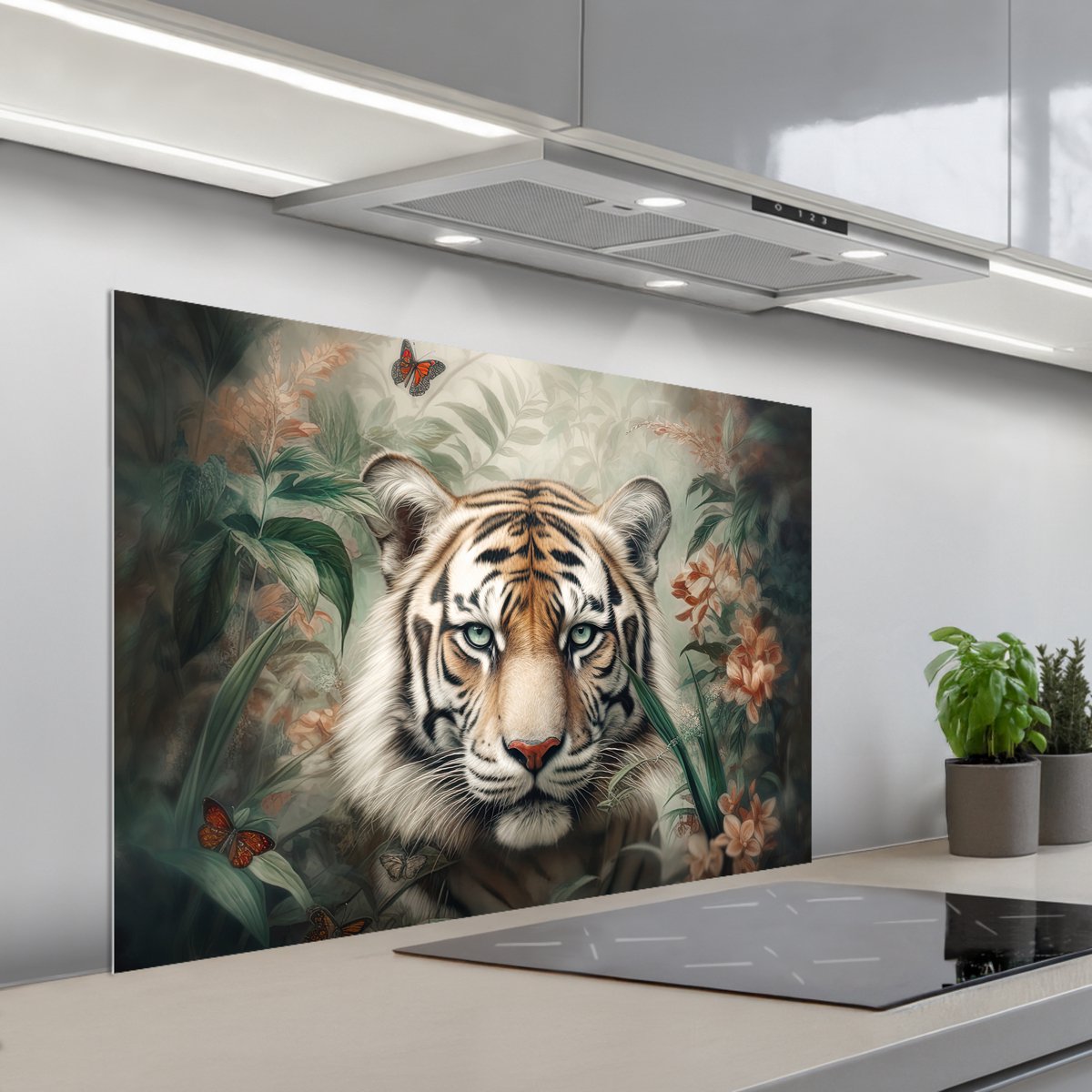 KitchenYeah Spatscherm 100x65 cm Zelfklevende achterwand Tijger Vlinders Dieren Jungle Bloemen Keuken muurbeschermer Spatwand fornuis