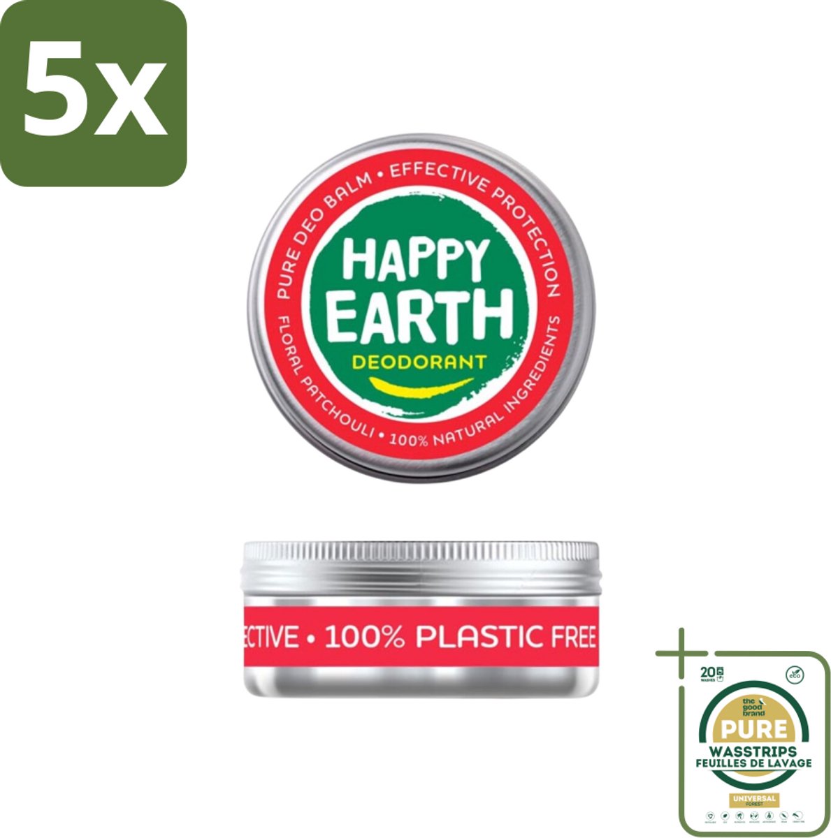 5 x Happy Earth – Deodorant Balm – 100% Natuurlijk Floral Patchouli – 45 g - Grootverpakking - 100% Natuurlijke Deodorant - Bloemige Geur - Patchouli - Huidvriendelijk - Vegan
